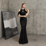 Women Elegant Long  Short Sleeve Sequins Fishtail Evening Dress