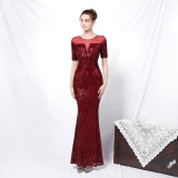 Women Elegant Long Sleeve Sequins Fishtail Evening Dress