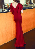 Women Elegant Lace Ruffles Short Sleeve Slim Fit Mermaid Evening Dress