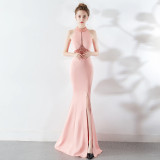 Women Elegant Sleeveless Fishtail Halter Party Evening Dress