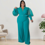 Plus Size Women Lapel Mesh Long Sleeve Jumpsuit with Belt