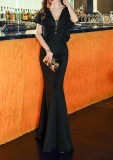Women Elegant Lace Ruffles Short Sleeve Slim Fit Mermaid Evening Dress