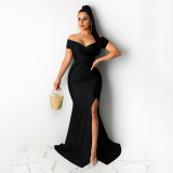 Women Short Sleeve French Sexy V-Neck Evening Dress solid Split Long Dress