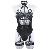 Women Sexy Bodysuit Mesh Straps Patchwork Halter Neck With Leg Rings Lingerie