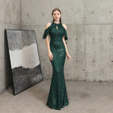 Women Elegant Long  Short Sleeve Sequins Fishtail Evening Dress