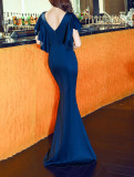 Women Elegant Lace Ruffles Short Sleeve Slim Fit Mermaid Evening Dress