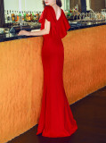 Women Elegant Lace Ruffles Short Sleeve Slim Fit Mermaid Evening Dress