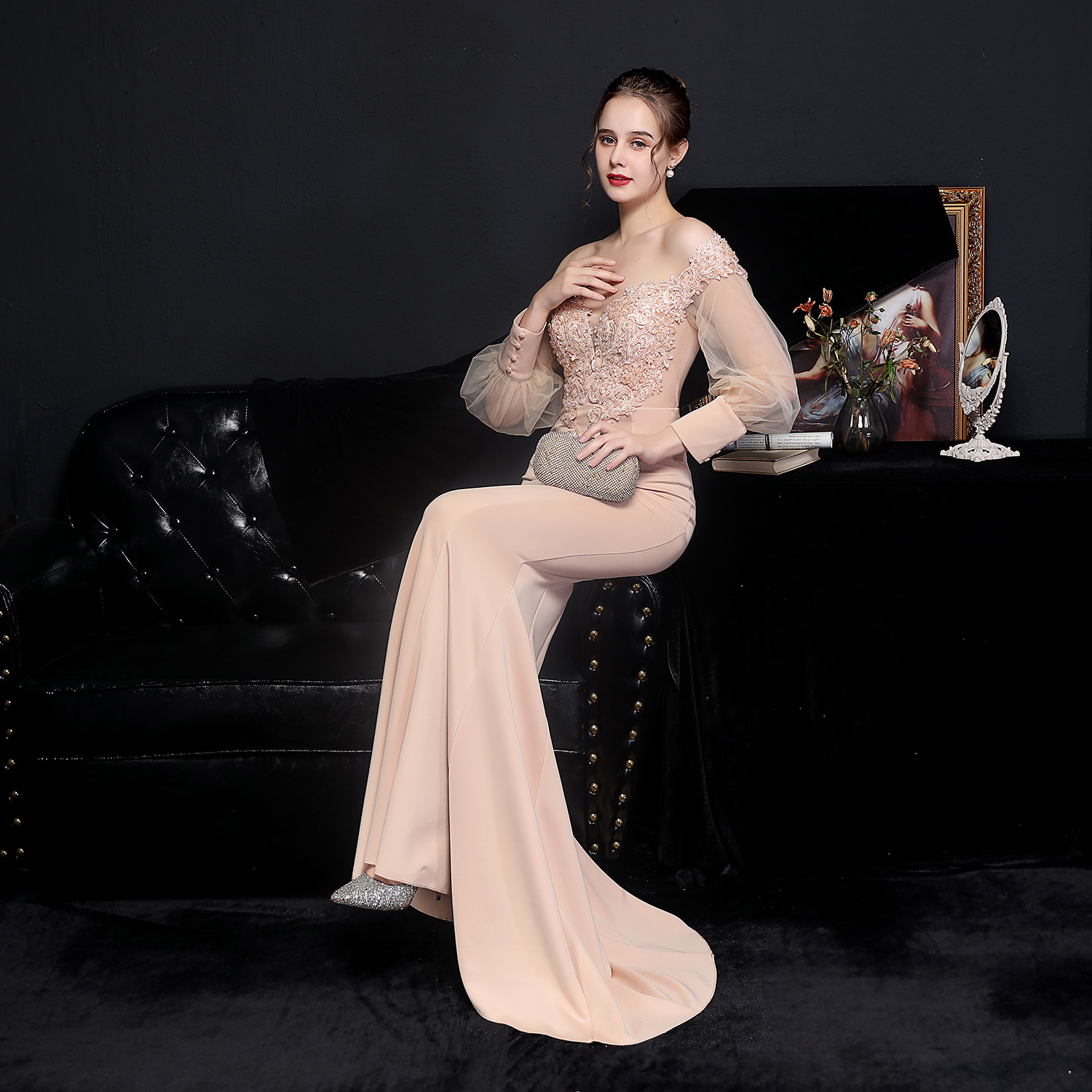 Women Elegant Lace Off Shoulder Mesh Long Sleeve Trail Evening Dress