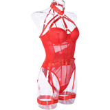 Women Sexy Bodysuit Mesh Straps Patchwork Halter Neck With Leg Rings Lingerie