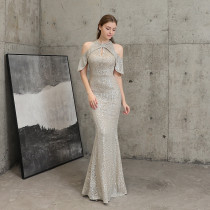 Women Elegant Long  Short Sleeve Sequins Fishtail Evening Dress