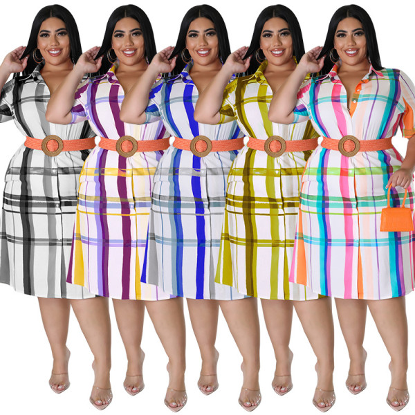 Plus Size Women Fall Check Short Sleeve Shirt