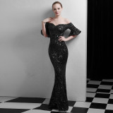 Women Elegant Off Shoulder Half Sleeve Sequins Party Evening Dress