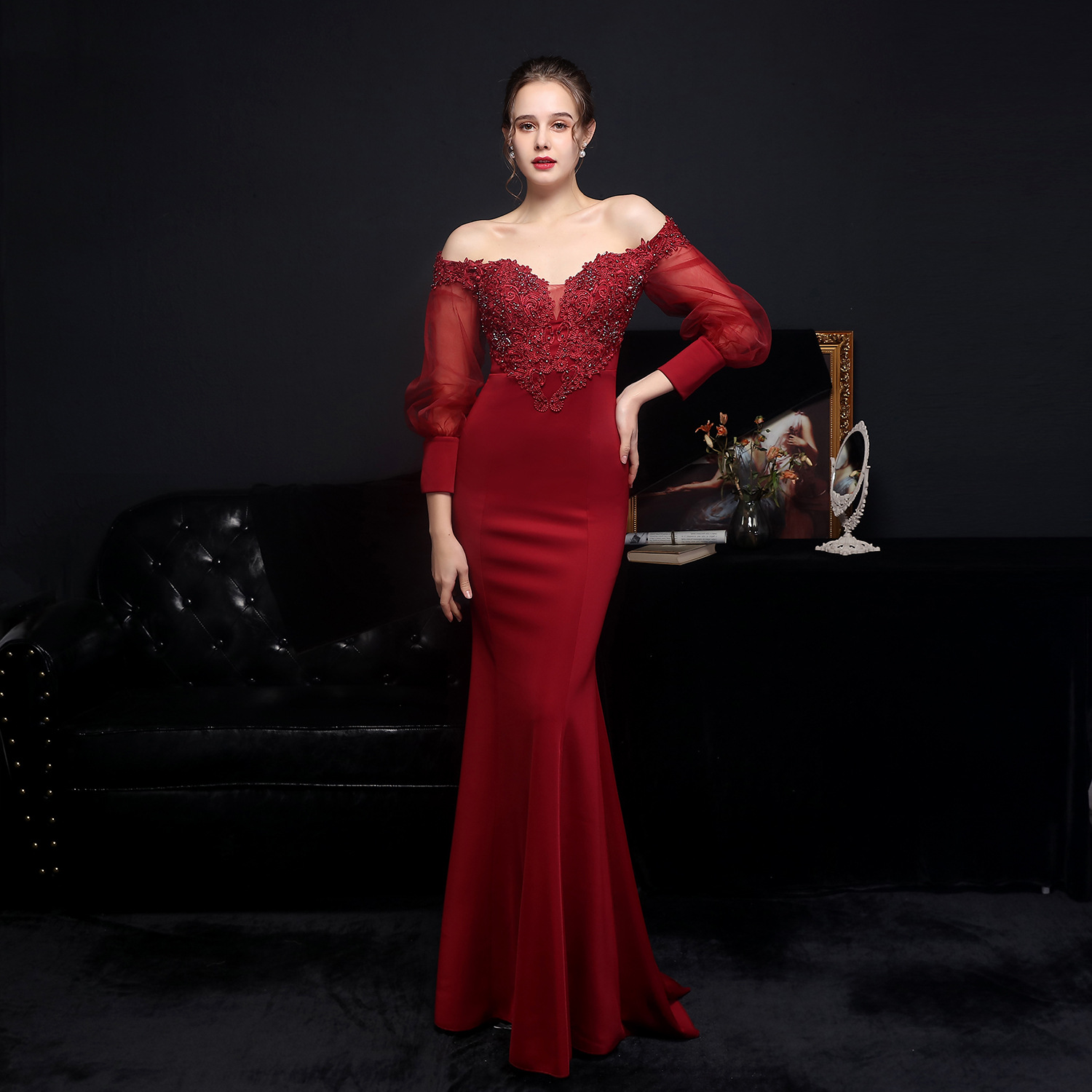 Women Elegant Lace Off Shoulder Mesh Long Sleeve Trail Evening Dress
