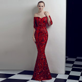 Women Elegant Off Shoulder Half Sleeve Sequins Party Evening Dress