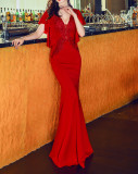 Women Elegant Lace Ruffles Short Sleeve Slim Fit Mermaid Evening Dress
