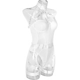 Women Sexy Bodysuit Mesh Straps Patchwork Halter Neck With Leg Rings Lingerie