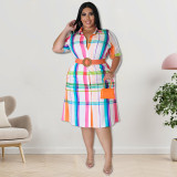 Plus Size Women Fall Check Short Sleeve Shirt