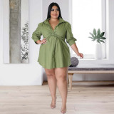 Plus Size Women Sexy Solid Tie Long Sleeve Shirt Dress