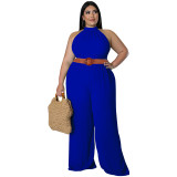 Plus Size Women's Casual Solid Color Belted Jumpsuit