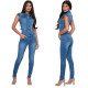 Sexy Fashion Button Up Cap Sleeves Tight Fitting Denim Jumpsuit