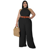Plus Size Women's Casual Solid Color Belted Jumpsuit