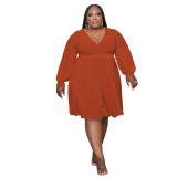 Women's Solid Color Cross V-Neck Belt Loose Knitting Plus Size Dress