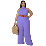 Plus Size Women's Casual Solid Color Belted Jumpsuit