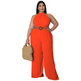 Plus Size Women's Casual Solid Color Belted Jumpsuit