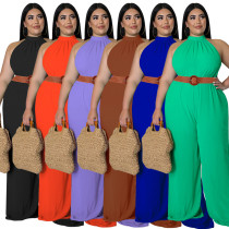 Plus Size Women's Casual Solid Color Belted Jumpsuit Plus Size Women's Casual Solid Color Belted Jumpsuit