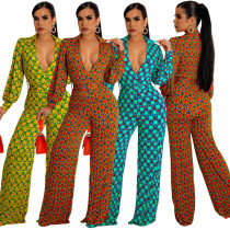 Women'S Winter Casual Fashion Print Deep V Neck Jumpsuit