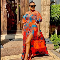 Spring/Summer Women'S Printed Strap Halter Off Shoulder Slit Maxi Dress Spring/Summer Women'S Printed Strap Halter Off Shoulder Slit Maxi Dress