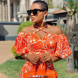 Spring/Summer Women'S Printed Strap Halter Off Shoulder Slit Maxi Dress