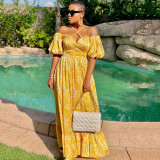 Spring/Summer Women'S Printed Strap Halter Off Shoulder Slit Maxi Dress
