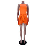 Women'S Sleeveless Tank Top Drawstring Fringe Casual Solid Shorts Two Piece Set