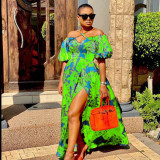 Spring/Summer Women'S Printed Strap Halter Off Shoulder Slit Maxi Dress