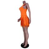 Women'S Sleeveless Tank Top Drawstring Fringe Casual Solid Shorts Two Piece Set