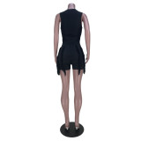 Women'S Sleeveless Tank Top Drawstring Fringe Casual Solid Shorts Two Piece Set