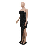 Women Sexy Off Shoulder Mesh Beaded Party Slit Dress