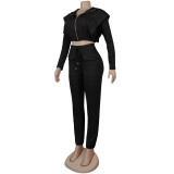 Women Sexy Zip with Cap Long Sleeve Top + Trousers Two-piece Set