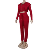 Women Sexy Zip with Cap Long Sleeve Top + Trousers Two-piece Set