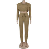 Women Sexy Zip with Cap Long Sleeve Top + Trousers Two-piece Set