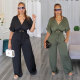 Women Casual V neck Short Sleeve Lace-Up Jumpsuit