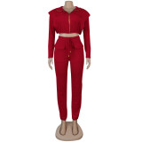 Women Sexy Zip with Cap Long Sleeve Top + Trousers Two-piece Set