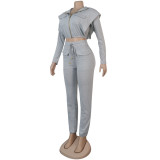 Women Sexy Zip with Cap Long Sleeve Top + Trousers Two-piece Set