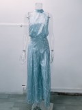 Summer Women Elegant Lace-Up Sleeveless Halter Neck Print Jumpsuit