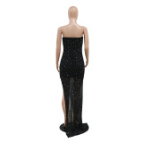 Women Sexy Off Shoulder Mesh Beaded Party Slit Dress