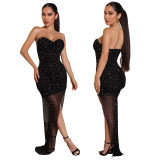 Women Sexy Off Shoulder Mesh Beaded Party Slit Dress