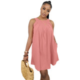 Women Summer Solid Color Sleeveless Loose Dress with Pockets