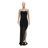 Women Sexy Off Shoulder Mesh Beaded Party Slit Dress