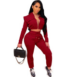 Women Sexy Zip with Cap Long Sleeve Top + Trousers Two-piece Set